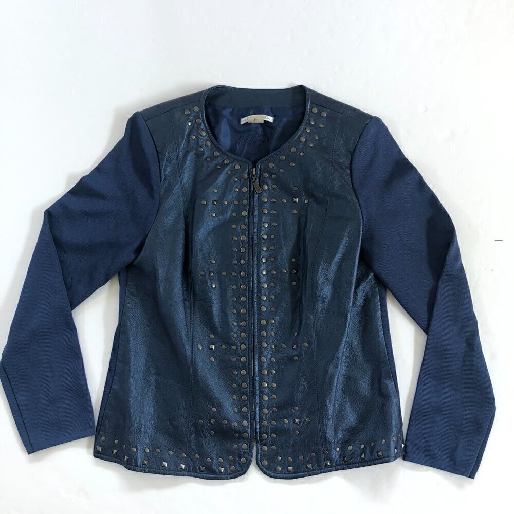 Peter Nygard Blue Studded Leather Knit Zip Stretch Blazer Jacket Size M Gorpcore